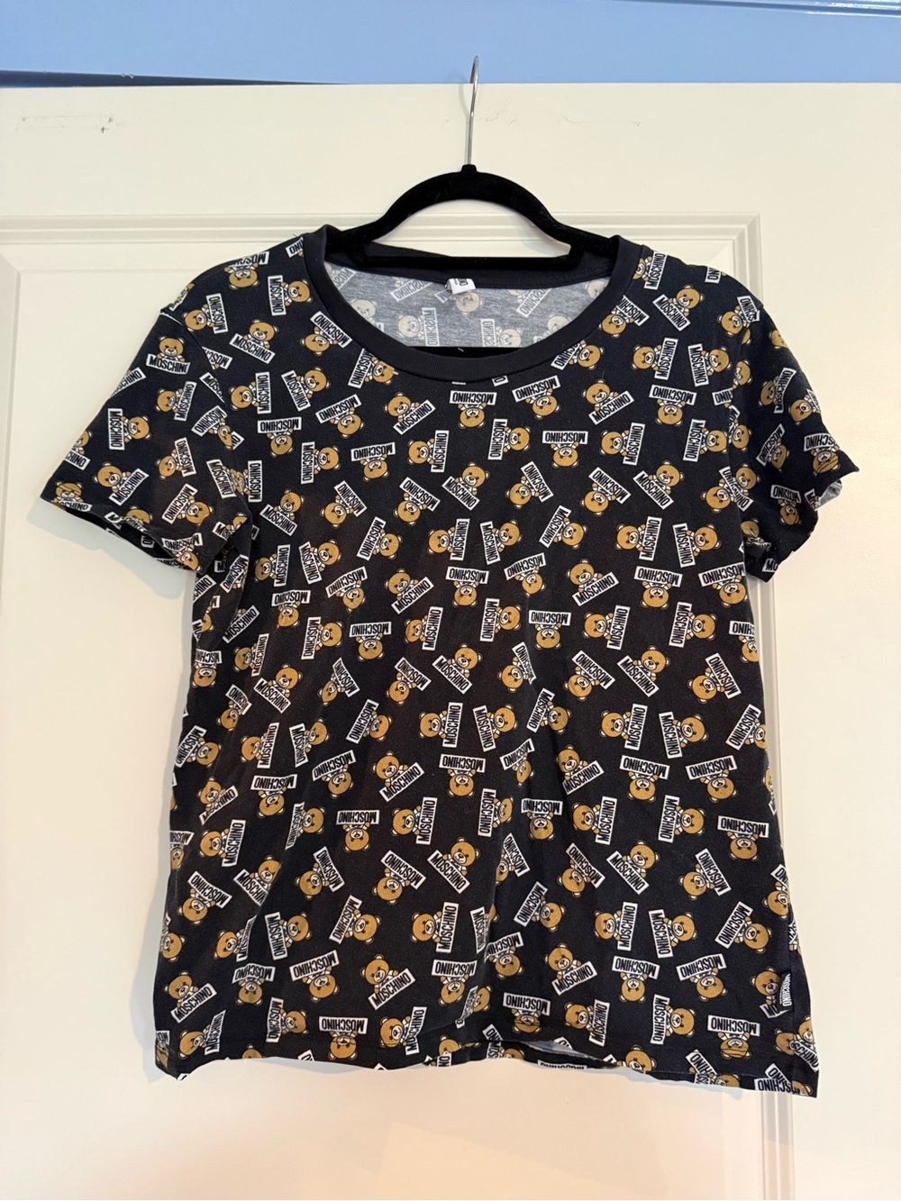 Moschino Black Short Sleeve Tee with Gold Bear Logo Print